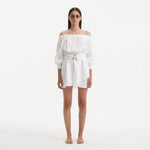 Sumner White Off-Shoulder Linen Mini Dress | Moeva | Dress | Each week unveils new pieces—luxury swimwear, fluid resort silhouettes, and elevated summer-to-evening essentials designed to carry you from coastal escapes to city nights.