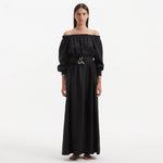 Dante Black Off-Shoulder Maxi Dress with Belted Waist | Moeva | Dress | Each week unveils new pieces—luxury swimwear, fluid resort silhouettes, and elevated summer-to-evening essentials designed to carry you from coastal escapes to city nights.