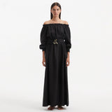 Dante Black Off-Shoulder Maxi Dress with Belted Waist | Moeva | Dress | Each week unveils new pieces—luxury swimwear, fluid resort silhouettes, and elevated summer-to-evening essentials designed to carry you from coastal escapes to city nights.