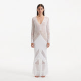 Elba White Long Sleeve Knit Fringe Maxi Dress