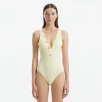 Naida Yellow V Neck Textured Swimsuit | Moeva | Swimsuit | Each week unveils new pieces—luxury swimwear, fluid resort silhouettes, and elevated summer-to-evening essentials designed to carry you from coastal escapes to city nights.