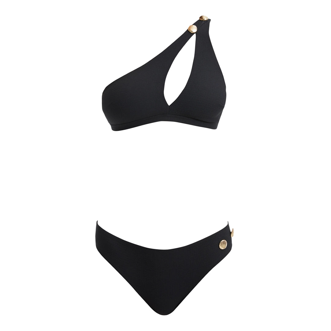 Eyre Black One Shoulder Mid Coverage Textured Bikini Set | Moeva | Bikini Set | Each week unveils new pieces—luxury swimwear, fluid resort silhouettes, and elevated summer-to-evening essentials designed to carry you from coastal escapes to city nights.