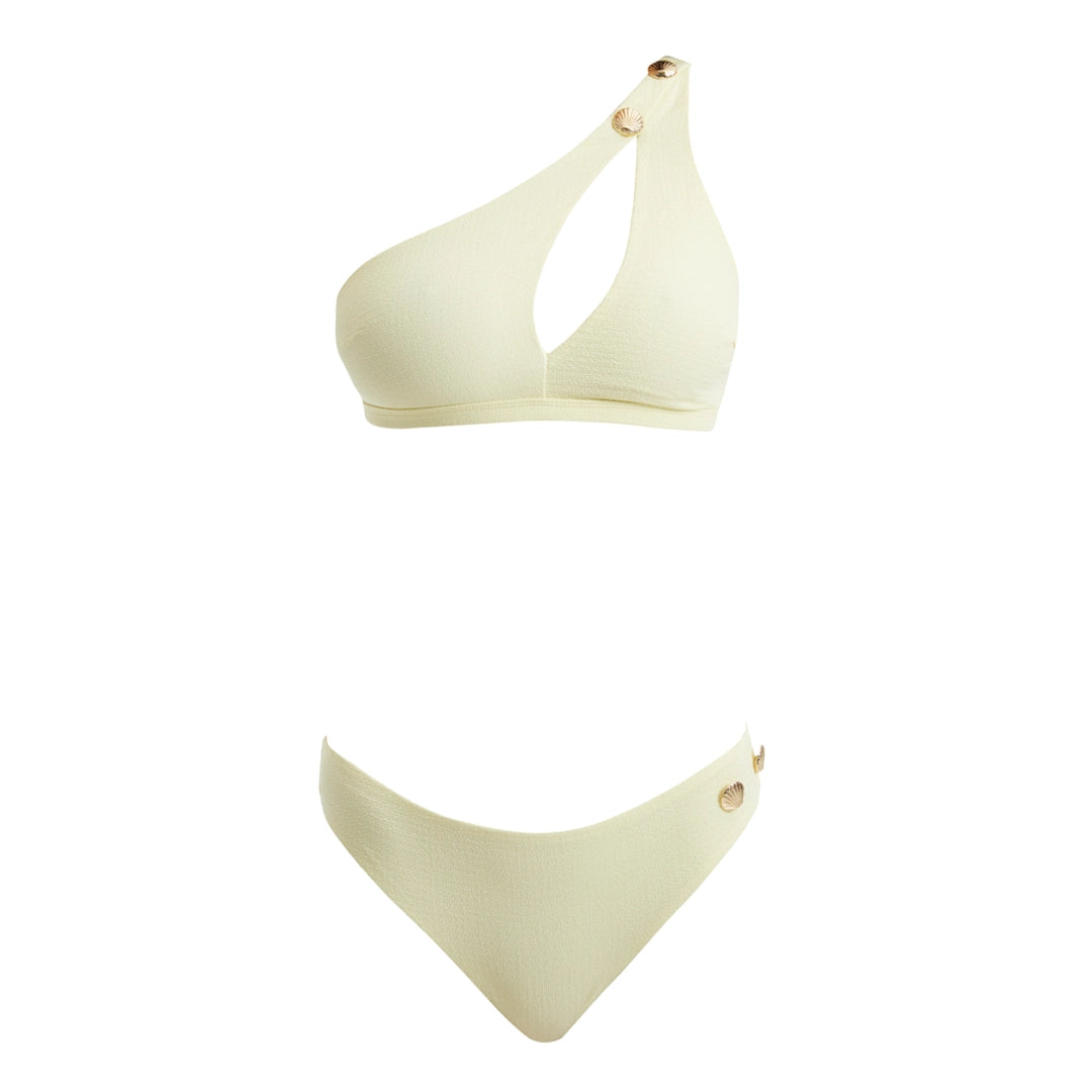 Eyre Yellow One Shoulder Mid Coverage Textured Bikini Set | Moeva | Bikini Set | Each week unveils new pieces—luxury swimwear, fluid resort silhouettes, and elevated summer-to-evening essentials designed to carry you from coastal escapes to city nights.