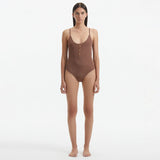 Hartley Brown Scoop Neck Metallic Knitted Swimsuit | Moeva | Swimsuit | Each week unveils new pieces—luxury swimwear, fluid resort silhouettes, and elevated summer-to-evening essentials designed to carry you from coastal escapes to city nights.