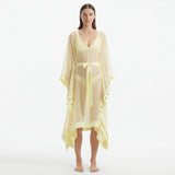 Opal Yellow Sheer Gold Buttoned Belted Kaftan | Moeva | Kaftan | Each week unveils new pieces—luxury swimwear, fluid resort silhouettes, and elevated summer-to-evening essentials designed to carry you from coastal escapes to city nights.