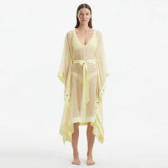 Opal Yellow Sheer Gold Buttoned Belted Kaftan | Moeva | Kaftan | Each week unveils new pieces—luxury swimwear, fluid resort silhouettes, and elevated summer-to-evening essentials designed to carry you from coastal escapes to city nights.