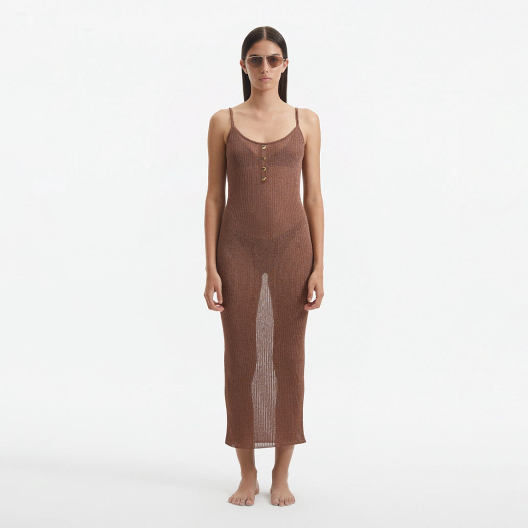 Lulusar Brown Metallic Knitted Maxi Dress | Moeva | Beachwear Dresses | Each week unveils new pieces—luxury swimwear, fluid resort silhouettes, and elevated summer-to-evening essentials designed to carry you from coastal escapes to city nights.