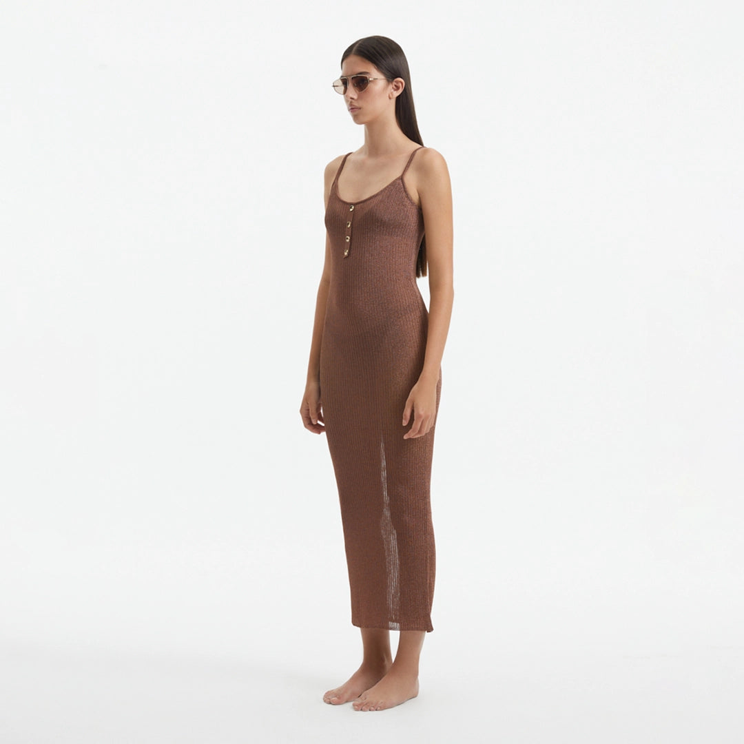 Lulusar Brown Metallic Knitted Maxi Dress | Moeva | Beachwear Dresses | Each week unveils new pieces—luxury swimwear, fluid resort silhouettes, and elevated summer-to-evening essentials designed to carry you from coastal escapes to city nights.