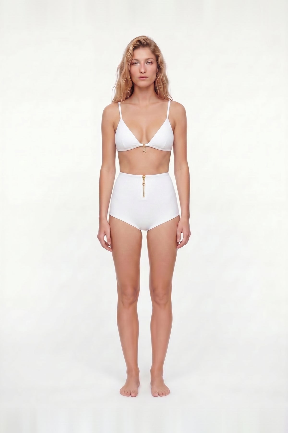 Nyrelle White High-Waisted Triangle Bikini Set with Gold Zip