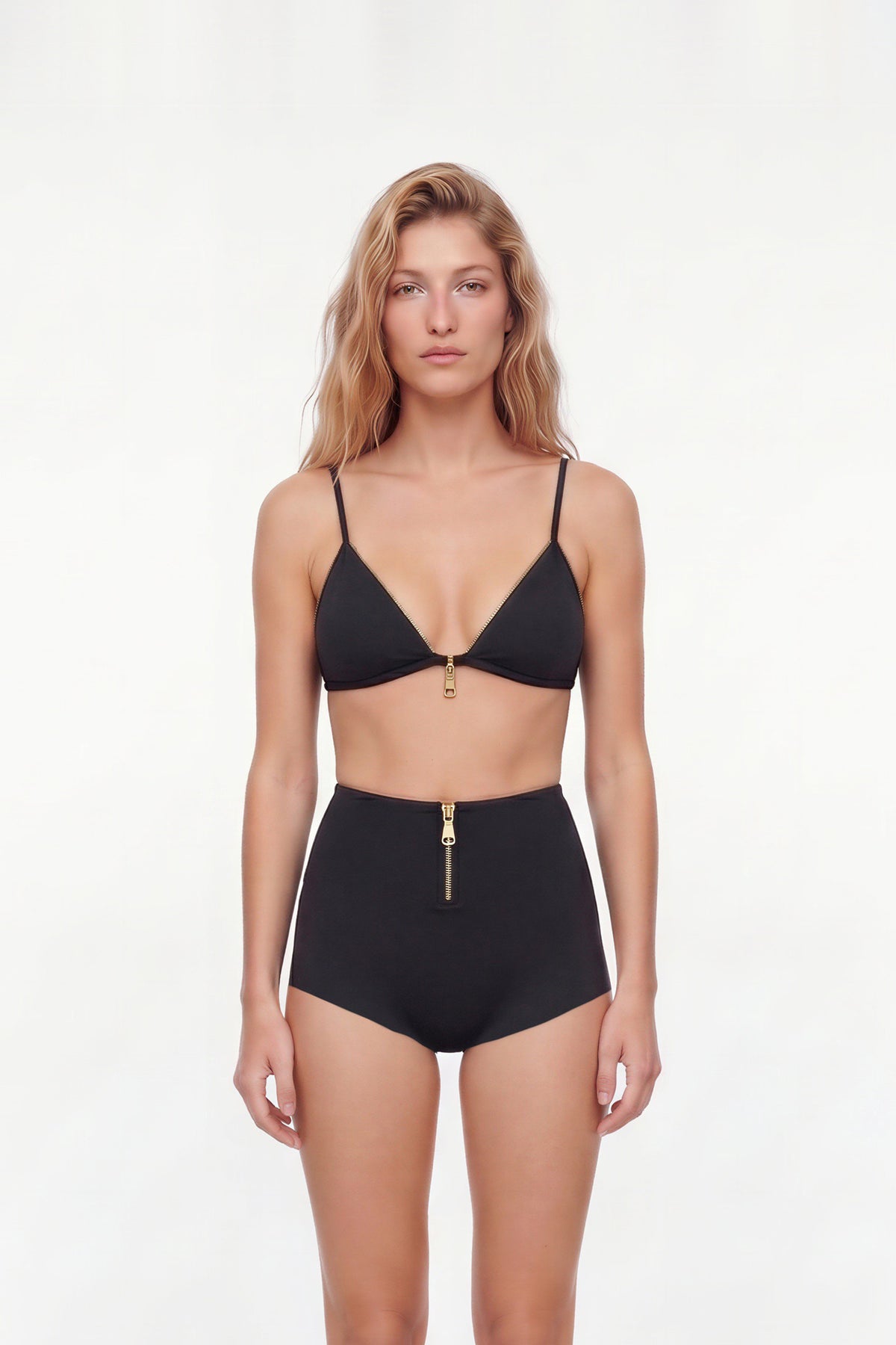Nyrelle Black High-Waisted Triangle Bikini Set with Gold Zip