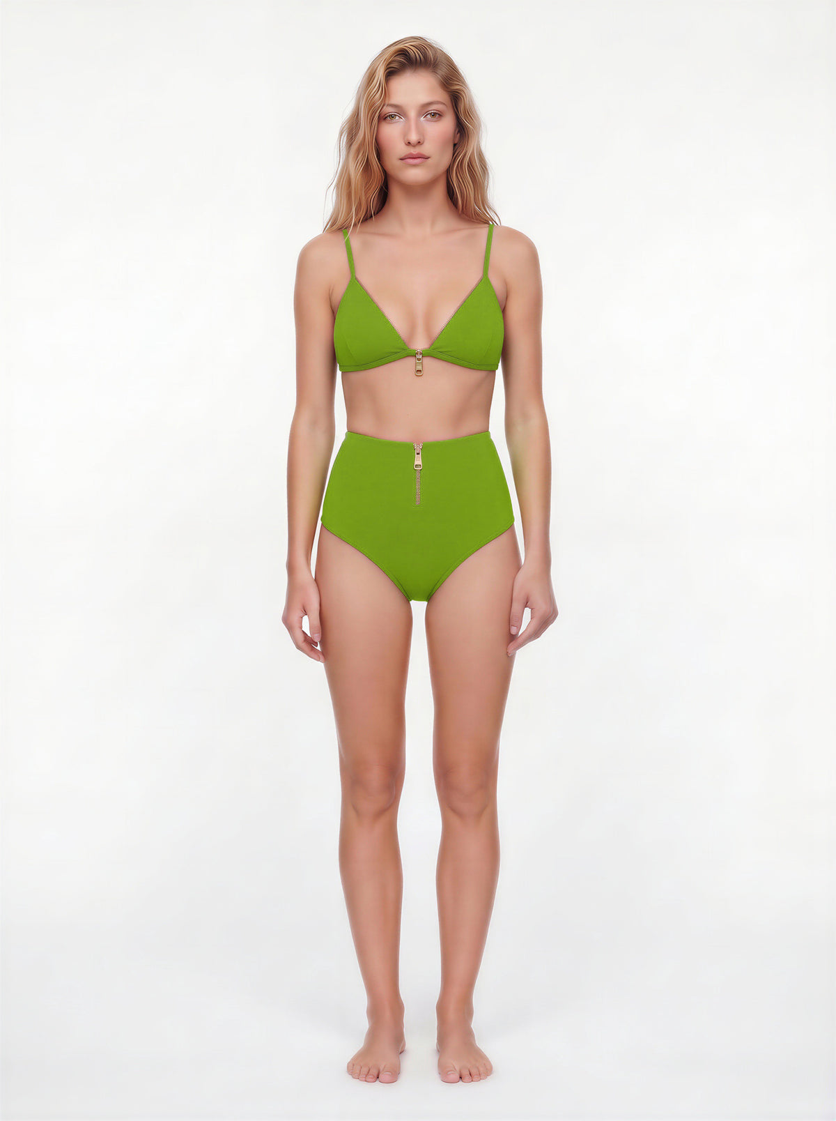 Nyrelle Green High-Waisted Bikini Bottom with Gold Zip