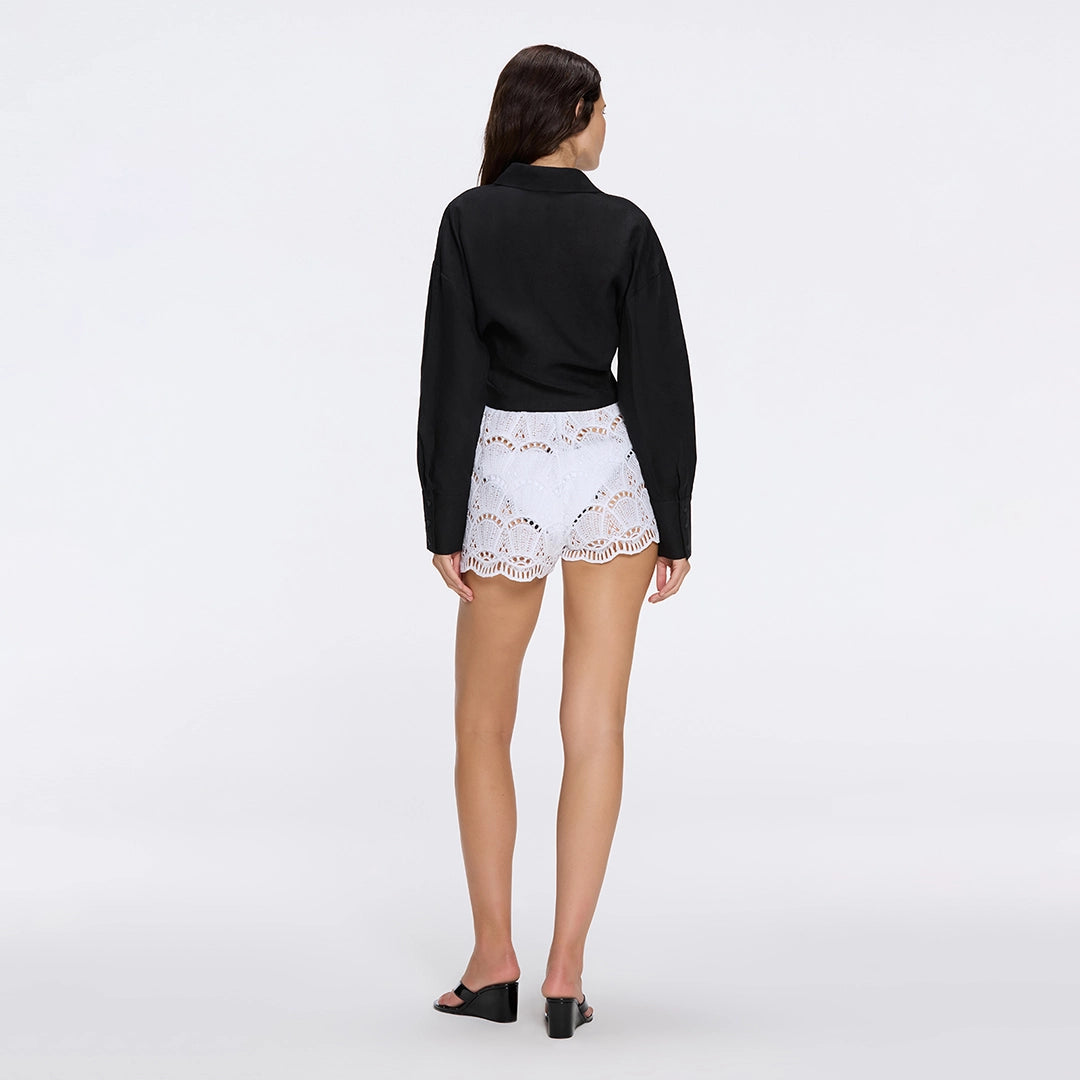 Ophelia White Crochet Detail High-Waist Shorts | Moeva | Shorts | Each week unveils new pieces—luxury swimwear, fluid resort silhouettes, and elevated summer-to-evening essentials designed to carry you from coastal escapes to city nights.