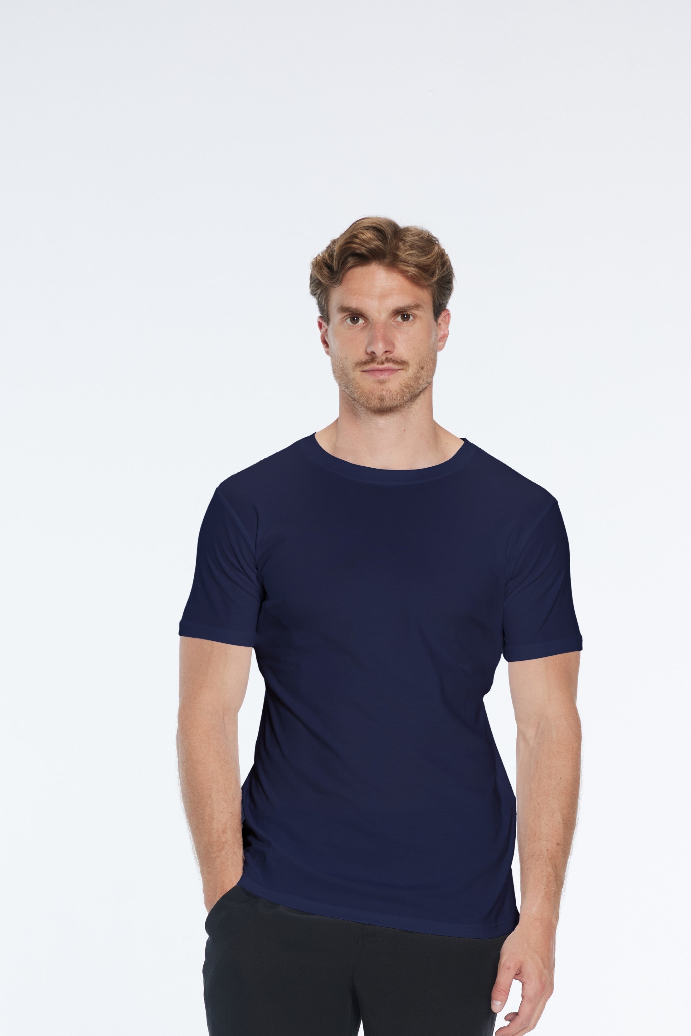 Oscar Dark Blue Round Neck T-Shirt | Moeva | T-Shirt | Each week unveils new pieces—luxury swimwear, fluid resort silhouettes, and elevated summer-to-evening essentials designed to carry you from coastal escapes to city nights.