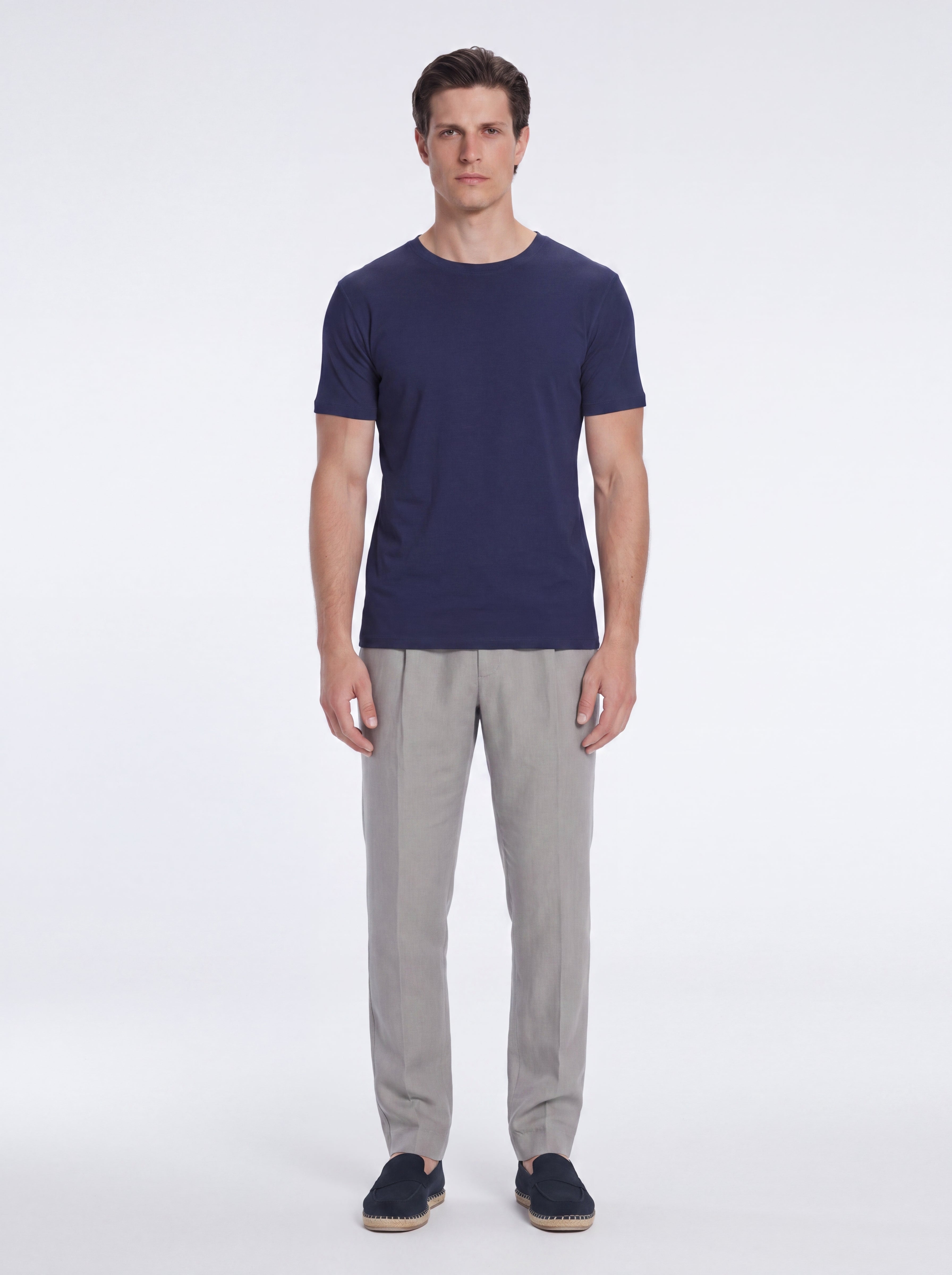 Oscar Dark Blue Round Neck T-Shirt | Moeva | T-Shirt | Each week unveils new pieces—luxury swimwear, fluid resort silhouettes, and elevated summer-to-evening essentials designed to carry you from coastal escapes to city nights.