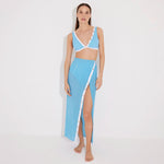 Pina Blue/White Asymmetric Gold Button Maxi Skirt | Moeva | Skirt | Each week unveils new pieces—luxury swimwear, fluid resort silhouettes, and elevated summer-to-evening essentials designed to carry you from coastal escapes to city nights.