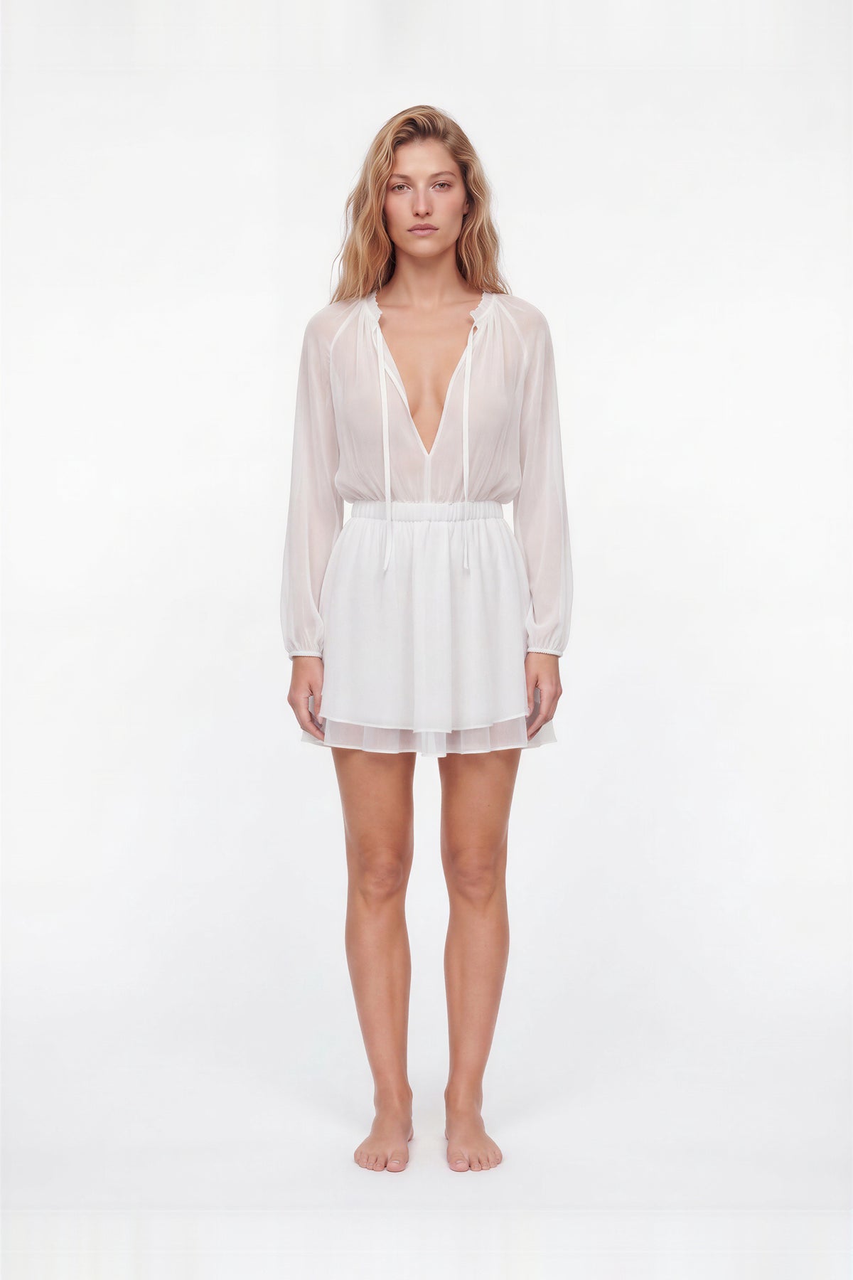 Rena White Silk Tie-Neck Mini Dress by Moeva | Dress from MOEVA's luxury swimwear and resortwear collection, perfect for beach days, resort escapes and summer styling.