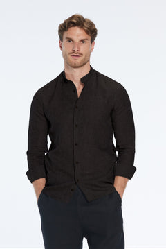 Ryan Black Linen Shirt with Grandad Collar | Moeva | Shirt | Each week unveils new pieces—luxury swimwear, fluid resort silhouettes, and elevated summer-to-evening essentials designed to carry you from coastal escapes to city nights.