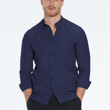 Ryan Dark Blue Linen Shirt with Grandad Collar | Moeva | Men Mandarin Collar Shirts | Each week unveils new pieces—luxury swimwear, fluid resort silhouettes, and elevated summer-to-evening essentials designed to carry you from coastal escapes to city nights.