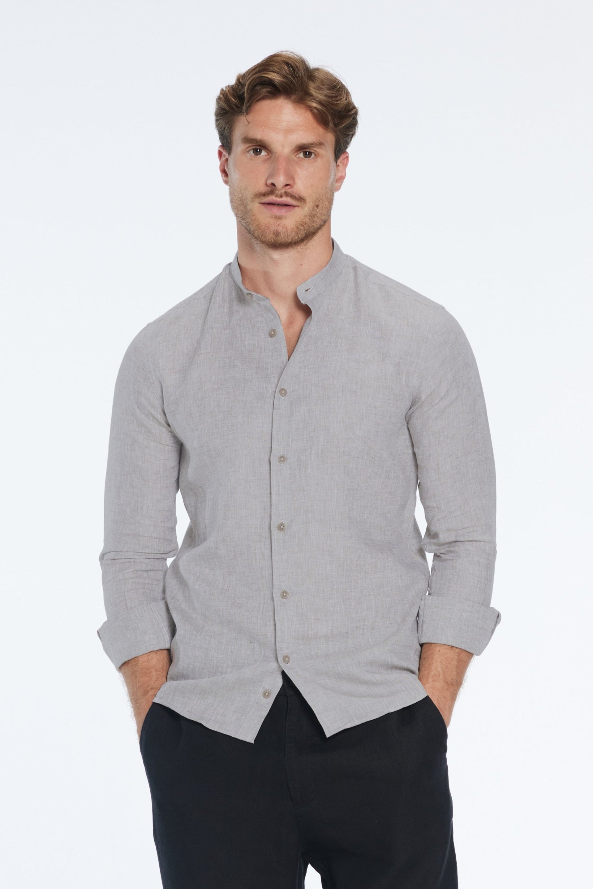 Ryan Grey Linen Shirt with Grandad Collar | Moeva | Men Mandarin Collar Shirts | Each week unveils new pieces—luxury swimwear, fluid resort silhouettes, and elevated summer-to-evening essentials designed to carry you from coastal escapes to city nights.