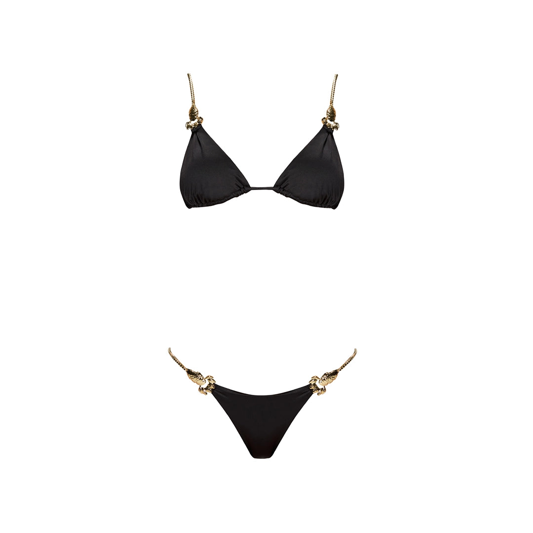 Selena Black Triangle Gold Chain Strap Satin Bikini Top | Moeva | Bikini Top | Each week unveils new pieces—luxury swimwear, fluid resort silhouettes, and elevated summer-to-evening essentials designed to carry you from coastal escapes to city nights.