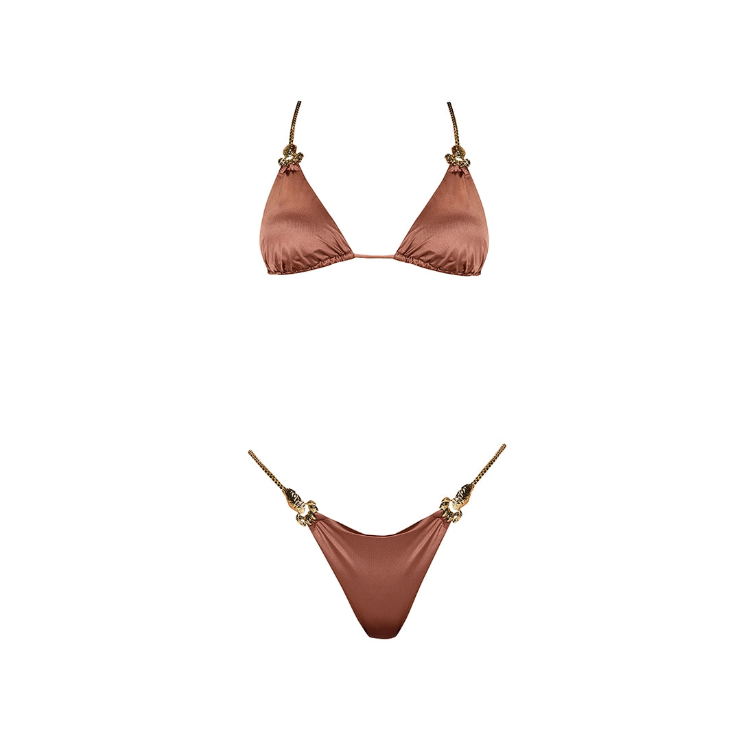 Selena Gold Chain Mid-Coverage Brown Satin Bikini Bottom | Moeva | Bikini Bottom | Each week unveils new pieces—luxury swimwear, fluid resort silhouettes, and elevated summer-to-evening essentials designed to carry you from coastal escapes to city nights.