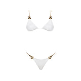 Selena White Triangle Gold Chain Strap Mid Coverage Satin Bikini Set | Moeva | Bikini Set | Each week unveils new pieces—luxury swimwear, fluid resort silhouettes, and elevated summer-to-evening essentials designed to carry you from coastal escapes to city nights.