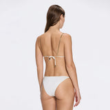 Selena White Triangle Gold Chain Strap Mid Coverage Satin Bikini Set | Moeva | Bikini Set | Each week unveils new pieces—luxury swimwear, fluid resort silhouettes, and elevated summer-to-evening essentials designed to carry you from coastal escapes to city nights.