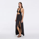 Serres Satin Black Halter Maxi Dress with Cut-Out and Gold Detail | Moeva | Dress | Each week unveils new pieces—luxury swimwear, fluid resort silhouettes, and elevated summer-to-evening essentials designed to carry you from coastal escapes to city nights.