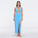 Serres Satin Blue Halter Maxi Dress with Cut-Out and Gold Detail | Moeva | Dress | Each week unveils new pieces—luxury swimwear, fluid resort silhouettes, and elevated summer-to-evening essentials designed to carry you from coastal escapes to city nights.