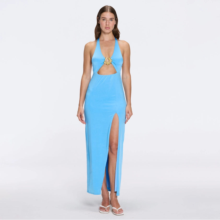 Serres Satin Blue Halter Maxi Dress with Cut-Out and Gold Detail | Moeva | Dress | Each week unveils new pieces—luxury swimwear, fluid resort silhouettes, and elevated summer-to-evening essentials designed to carry you from coastal escapes to city nights.