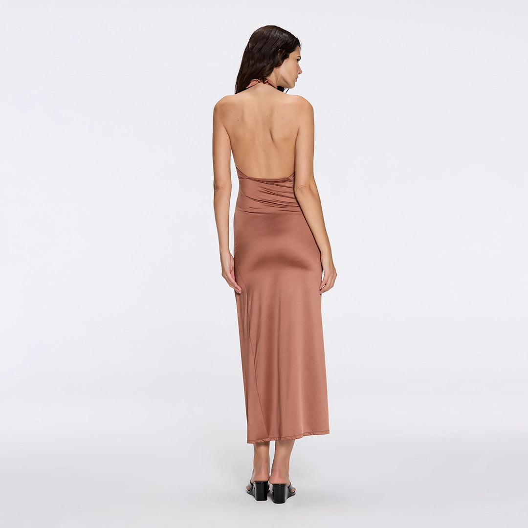 Serres Satin Brown Halter Maxi Dress with Cut-Out and Gold Detail | Moeva | Dress | Each week unveils new pieces—luxury swimwear, fluid resort silhouettes, and elevated summer-to-evening essentials designed to carry you from coastal escapes to city nights.