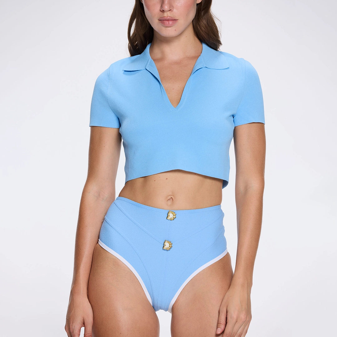 Shandy Baby Blue Polo Collar Knitted Crop Top | Moeva | RTW Bustiers | Each week unveils new pieces—luxury swimwear, fluid resort silhouettes, and elevated summer-to-evening essentials designed to carry you from coastal escapes to city nights.