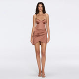 Solea Brown Satin Mini Dress with Gold Chain Strap Detail | Moeva | Dress | Each week unveils new pieces—luxury swimwear, fluid resort silhouettes, and elevated summer-to-evening essentials designed to carry you from coastal escapes to city nights.