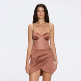 Solea Brown Satin Mini Dress with Gold Chain Strap Detail | Moeva | Dress | Each week unveils new pieces—luxury swimwear, fluid resort silhouettes, and elevated summer-to-evening essentials designed to carry you from coastal escapes to city nights.