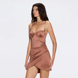 Solea Brown Satin Mini Dress with Gold Chain Strap Detail | Moeva | Dress | Each week unveils new pieces—luxury swimwear, fluid resort silhouettes, and elevated summer-to-evening essentials designed to carry you from coastal escapes to city nights.
