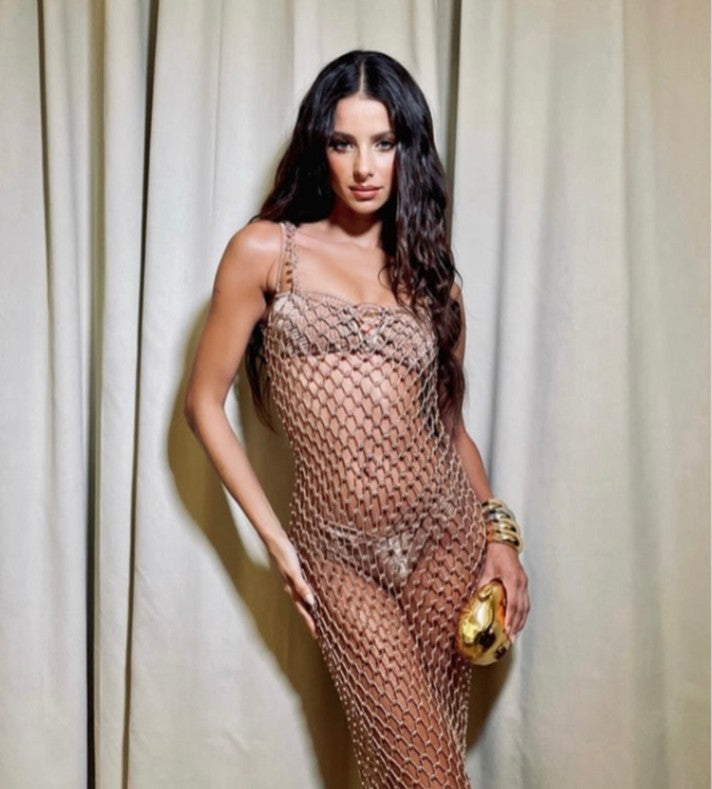 Bruna Lirio - Aliana Bronze Macrame Net Maxi Dress with Glass Bead Details & Nixie Bronze Bandeau Mid Coverage Bikini Set | Moeva | | Each week unveils new pieces—luxury swimwear, fluid resort silhouettes, and elevated summer-to-evening essentials designed to carry you from coastal escapes to city nights.