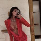 Marta Lopez Alamo - Hermione Red Triangle Side Tie 3D Bikini Set - Rosie Red Red Optical Long Sleeve Maxi Dress | Moeva | Set | Each week unveils new pieces—luxury swimwear, fluid resort silhouettes, and elevated summer-to-evening essentials designed to carry you from coastal escapes to city nights.