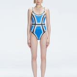 Front view of model wearing Seraphina Blue Optical One Piece with scoop neck and boned torso for support.