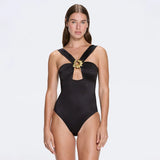 Talia V Neck with Gold Detail Satin Black Swimsuit | Moeva | Swimsuit | Each week unveils new pieces—luxury swimwear, fluid resort silhouettes, and elevated summer-to-evening essentials designed to carry you from coastal escapes to city nights.