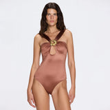 Talia V Neck with Gold Detail Satin Brown Swimsuit | Moeva | Swimsuit | Each week unveils new pieces—luxury swimwear, fluid resort silhouettes, and elevated summer-to-evening essentials designed to carry you from coastal escapes to city nights.