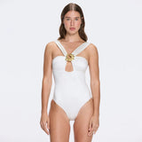 Talia V Neck with Gold Detail Satin White Swimsuit | Moeva | Swimsuit | Each week unveils new pieces—luxury swimwear, fluid resort silhouettes, and elevated summer-to-evening essentials designed to carry you from coastal escapes to city nights.