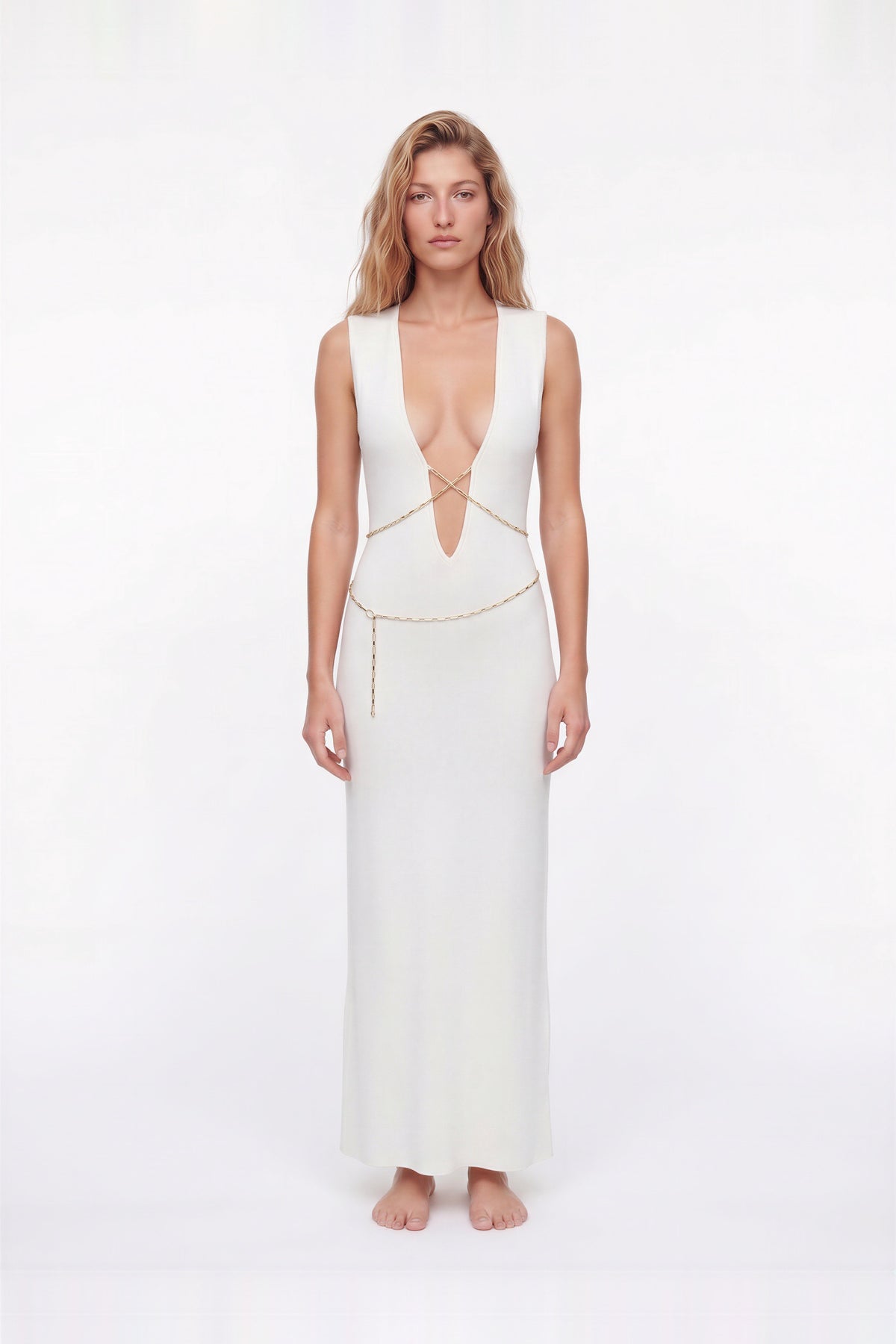 Taliya White Deep Plunge Chain Detail Maxi Dress