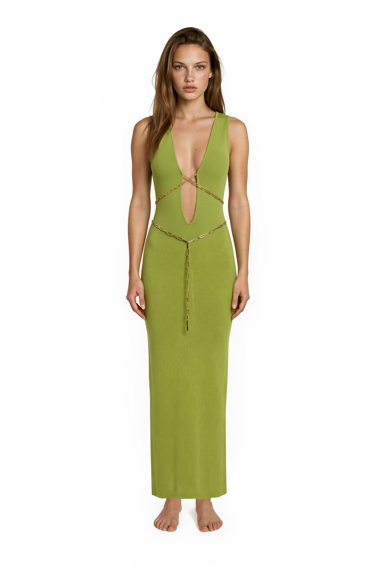 Taliya Green Deep Plunge Chain Detail Maxi Dress by Moeva | Dress from MOEVA's luxury swimwear and resortwear collection, perfect for beach days, resort escapes and summer styling.