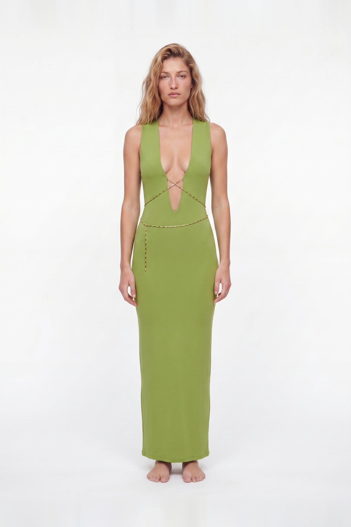 Taliya Green Deep Plunge Chain Detail Maxi Dress