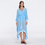 Tata Blue Sheer Gold Buttoned Belted Kaftan with Asymmetric Hem | Moeva | Kaftan | Each week unveils new pieces—luxury swimwear, fluid resort silhouettes, and elevated summer-to-evening essentials designed to carry you from coastal escapes to city nights.