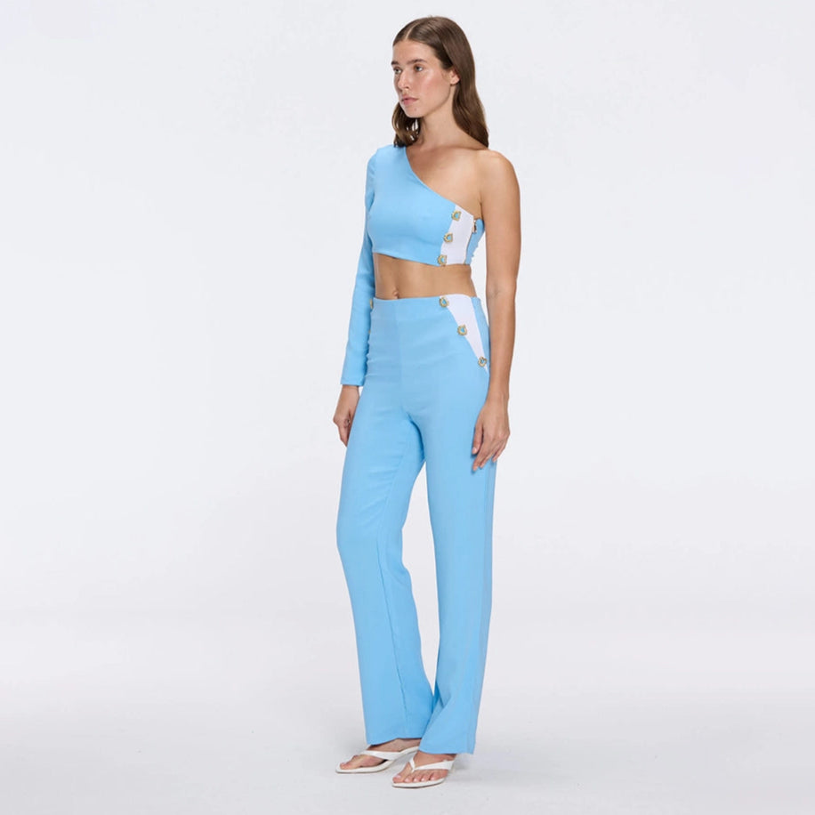 Evangeline Blue-White High-Waist Straight-Leg Pants | Moeva | Women RTW Pants | Each week unveils new pieces—luxury swimwear, fluid resort silhouettes, and elevated summer-to-evening essentials designed to carry you from coastal escapes to city nights.