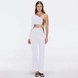 Villamar One-Shoulder Crop Top And Evangeline High Waist White-Brown Pants Set | Moeva | Set | Each week unveils new pieces—luxury swimwear, fluid resort silhouettes, and elevated summer-to-evening essentials designed to carry you from coastal escapes to city nights.