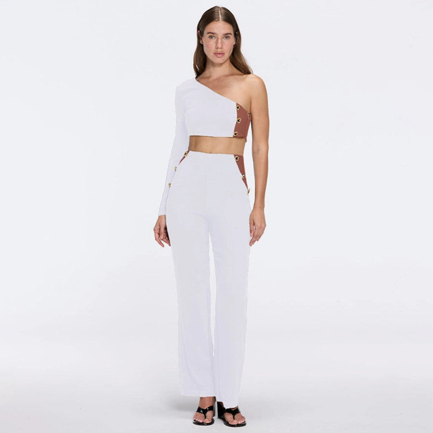 Villamar One-Shoulder Crop Top And Evangeline High Waist White-Brown Pants Set | Moeva | Set | Each week unveils new pieces—luxury swimwear, fluid resort silhouettes, and elevated summer-to-evening essentials designed to carry you from coastal escapes to city nights.