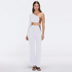 Villamar White-Brown Duo-Tone Gold Button One-Shoulder Crop Top | Moeva | Crop Top | Each week unveils new pieces—luxury swimwear, fluid resort silhouettes, and elevated summer-to-evening essentials designed to carry you from coastal escapes to city nights.