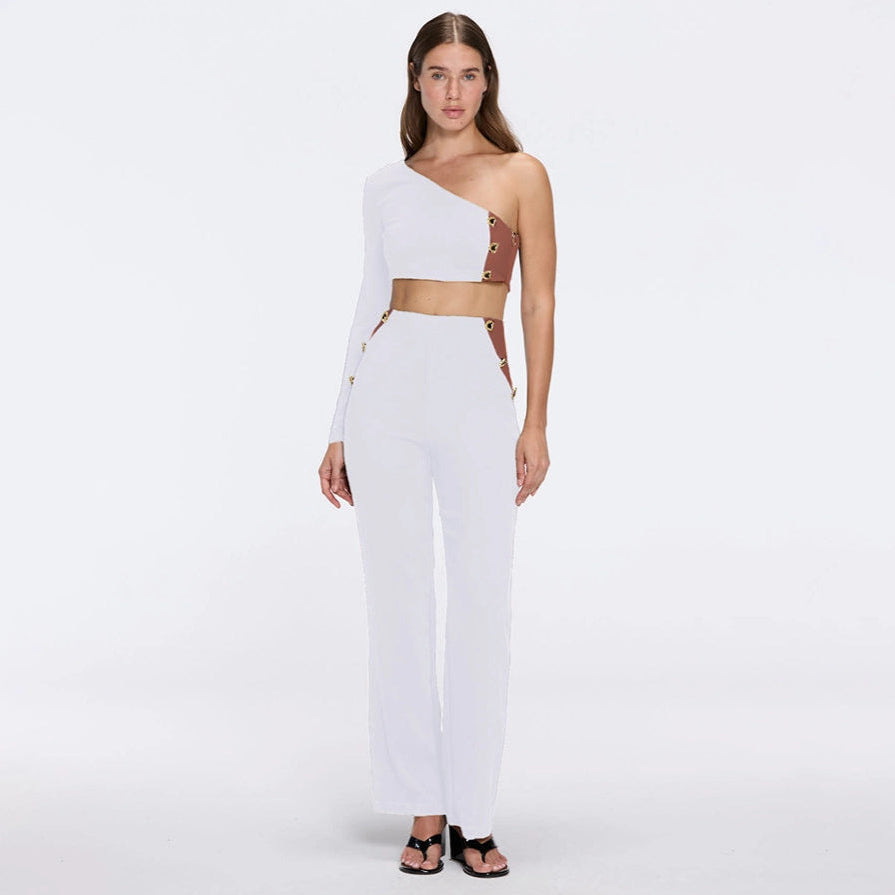 Villamar White-Brown Duo-Tone Gold Button One-Shoulder Crop Top | Moeva | Crop Top | Each week unveils new pieces—luxury swimwear, fluid resort silhouettes, and elevated summer-to-evening essentials designed to carry you from coastal escapes to city nights.